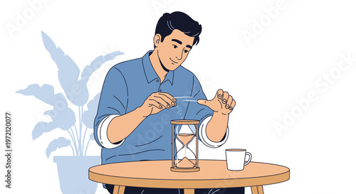 Man Adjusting Hourglass on Table with Coffee Cup, Time Management Concept