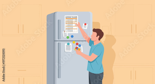 Man Attaching Grocery List to Refrigerator with Magnets in Kitchen