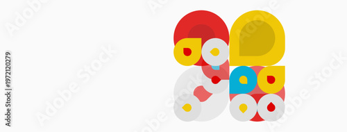 Abstract colorful circles overlap, creating playful composition. Simple shapes, bright hues dominate white background. Modern design.