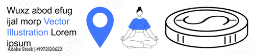 Navigation, meditation, wellness, financial growth, digital mapping, focus. Blue location pin, person meditating and a coin money. Navigation and meditation as key