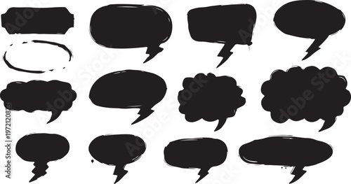 Hand-drawn black speech bubbles and comic thought clouds with grunge textured edges isolated on a white background.