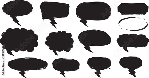 Hand-drawn black speech bubbles and comic thought clouds with grunge textured edges isolated on a white background.