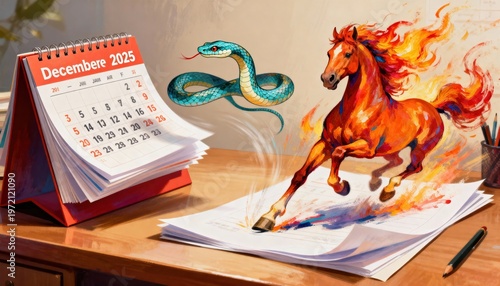 Colorful Calendar Illustration with Horse, Snake, and Artistic Flair