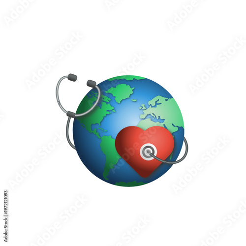 Globe with red heart and stethoscope, modern international healthcare and wellness concept isolated on light background in vector style