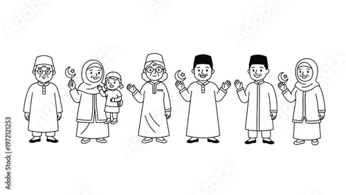 Muslim family in traditional attire holding crescent moon symbols. Line art illustration for Islamic holidays and community.