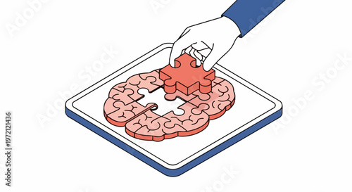 Isometric illustration of a hand completing a brain-shaped jigsaw puzzle on a digital tablet, symbolizing mental health, logic, cognitive training, and problem-solving.