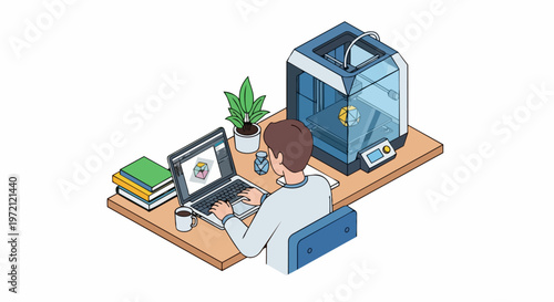 Isometric Illustration of an Engineer Designing a 3D Model on a Laptop while a 3D Printer Creates a Prototype on a Desktop Workspace