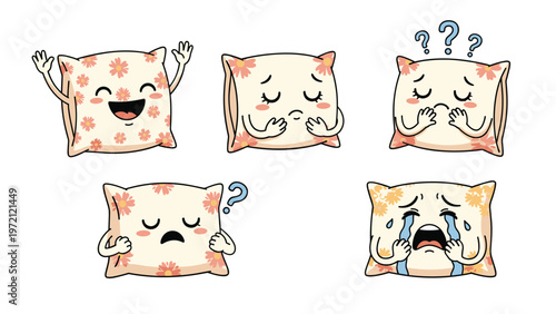 Set of floral pattern pillow characters expressing a range of emotions including happiness, sadness, confusion, and distress while crying.