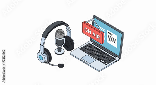 Isometric Podcast Recording Equipment Illustration with Laptop, Microphone, Headphones and On Air Sign on White Background