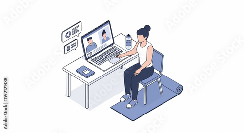 Isometric Illustration of a Woman Working from Home on a Laptop While Sitting on a Yoga Mat, Balancing Fitness and Remote Work during a Video Call