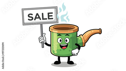 Green smoking pipe character with a friendly face and a wooden stem holding up a sign that says sale for tobacco and smoke shop promotions.
