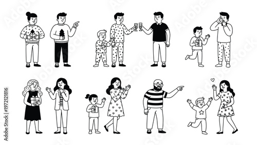 Diverse people line art set: everyday life, family, emotions, and activities in minimalist black & white illustrations.