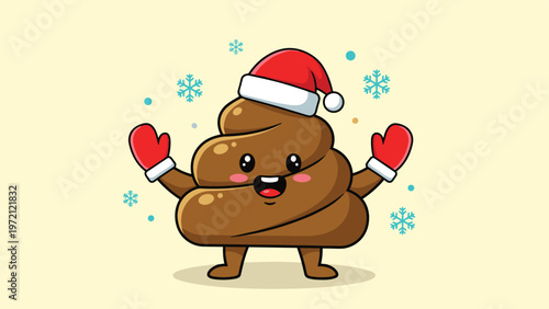 Cute smiling brown poop emoji character wearing a red Santa hat and mittens surrounded by snowflakes for a humorous holiday theme.