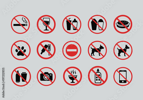 A set of prohibition signs featuring symbols for no smoking, alcohol, food, pets, and other restricted items, all crossed out with a red line.