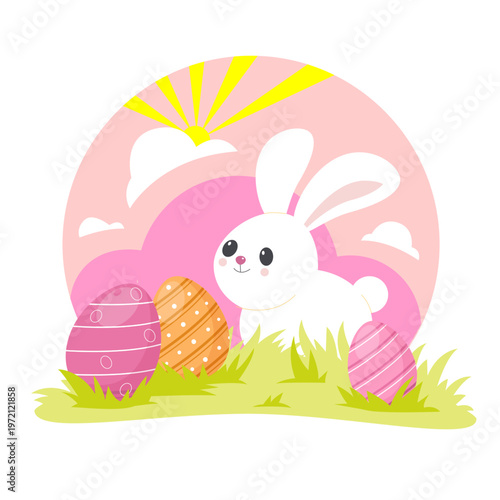Cute white Easter bunny with colorful eggs on grassy meadow under sunrise, cheerful spring holiday scene in playful vector style