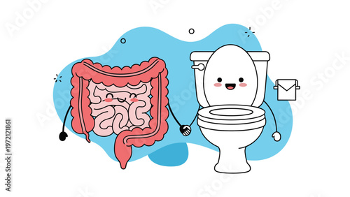 Friendly human intestine character and a smiling white toilet character holding hands to represent healthy digestion and regular bowel movements.