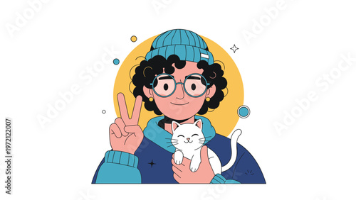 Young woman with curly hair and glasses holding a cute white cat while showing a peace sign in a vibrant vector illustration.