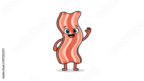 Cheerful bacon slice character waving happily and smiling with a cute face for breakfast food marketing and fun kitchen graphics.