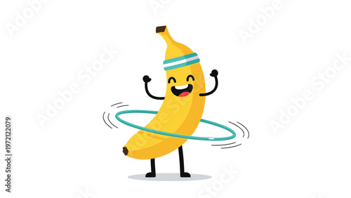 Cute banana character wearing a headband and performing a hula hoop exercise for a healthy lifestyle and fun fitness concept.