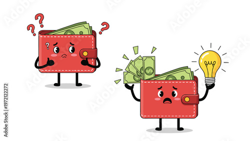 Two red wallet characters showing emotions of confusion with question marks and then finding a bright idea with money and a lightbulb.
