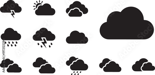Minimalist black weather icon set featuring cloud silhouettes with rain, lightning, and sun elements isolated on a white background.