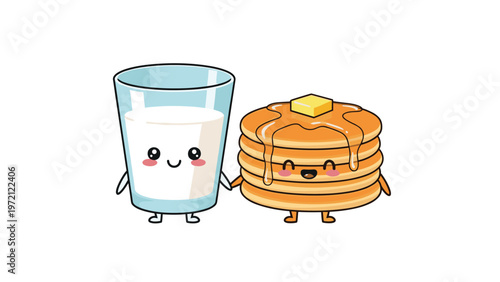 Adorable glass of milk and stack of pancakes holding hands to represent a perfect breakfast pair and friendship in a cute cartoon style.