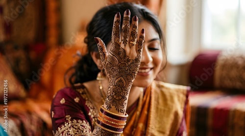 beautifull mehndi in woman hands with blurry face, made by Ai