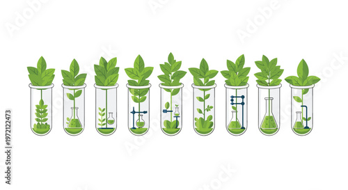 Small green plants grow inside a row of nine glass test tubes with various laboratory equipment on a white background.