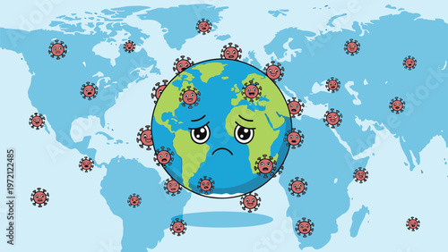 Sad earth globe character looking unhappy and surrounded by red coronavirus particles over a blue world map background for pandemic awareness.