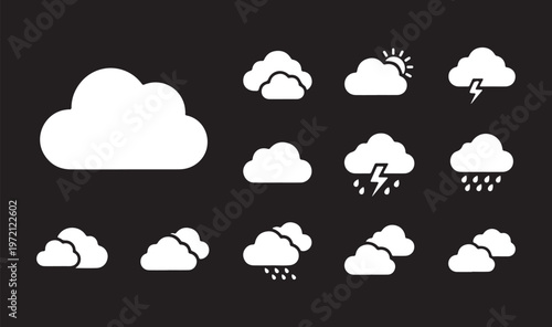 Minimalist white weather icon set featuring various cloud formations, rain, lightning, and sun symbols on a black background.