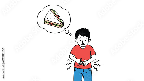 Young boy holding his stomach in pain while thinking about a sandwich to represent hunger or food related stomach ache issues.
