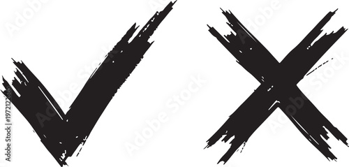 Black hand-drawn grunge cross and check mark symbols with textured brush strokes isolated on a white background.