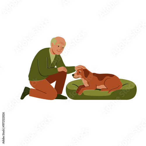 An old man gently pets a brown dog lying on a green cushion indoors.
