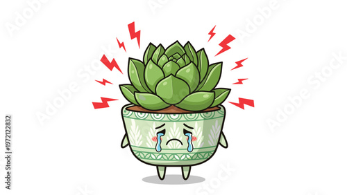 Crying succulent plant in a pot with red lightning symbols representing stress or wilted condition for gardening and plant care advice.