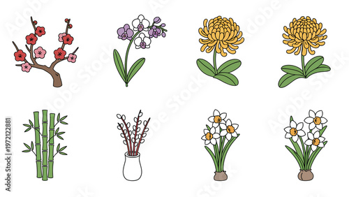 Floral & Botanical Line Art Set: Plum Blossom, Orchid, Chrysanthemum, Bamboo, Willow, Daffodils. Simple Vector Icons
