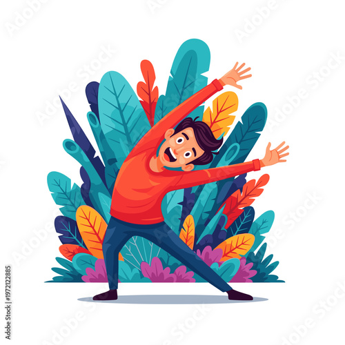 Young Man Doing Stretching Exercise in Nature Illustration for Healthy Lifestyle and Fitness