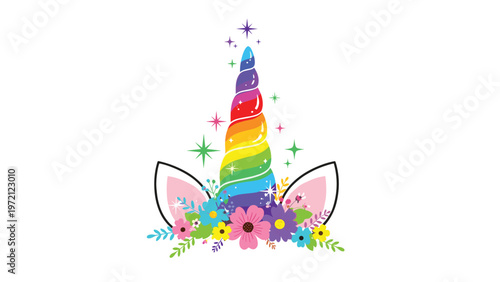 Rainbow unicorn horn surrounded by colorful flowers and sparkling stars on a white background for magical and fantasy themed designs.