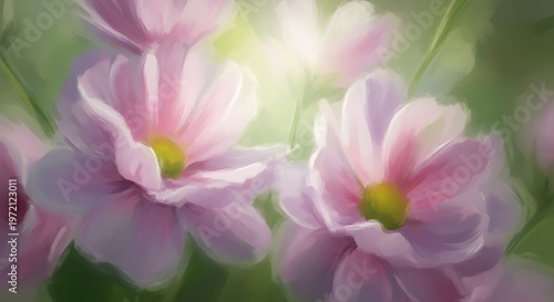 Close up of pink flowers with blurred background floral illustration