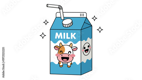 Blue and white milk carton character with a happy cow face and stars for a fun and healthy dairy product branding for kids.