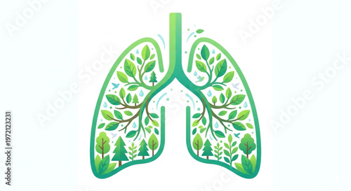 Eco-friendly human lungs concept with green leaves and trees inside, symbol of clean air and respiratory health, Flat 2.0 vector illustration on white background.
