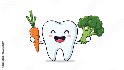 Happy tooth character holding a fresh carrot and a head of broccoli to promote dental hygiene and healthy eating habits for strong teeth.