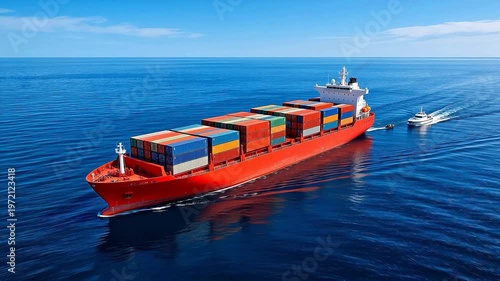 Large red container ship loaded with colorful shipping containers sailing on calm blue ocean, accompanied by a small pilot boat — global trade and maritime logistics concept