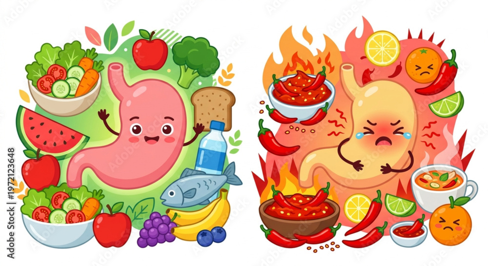 Fototapeta premium Healthy vs Unhealthy Food Effect on Stomach Illustration. Happy Stomach with Organic Vegetables and Sad Stomach with Spicy Chili and Sour Food. Flat 2.0 Vector Style. 