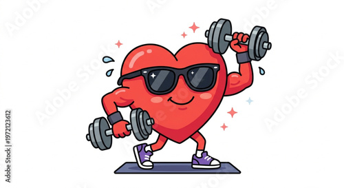 Healthy heart character exercising with dumbbells and wearing sunglasses, happy heart mascot working out, fitness and cardiovascular health concept, flat 2.0 vector illustration isolated on white back
