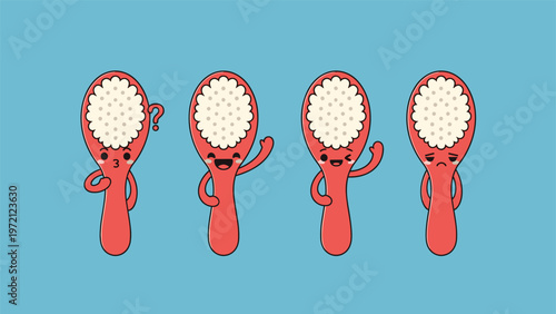 Set of four red hairbrush characters showing different facial expressions of confusion, happiness, winking, and sadness for kids accessories.