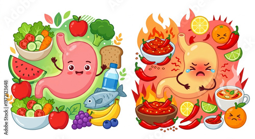 Healthy vs Unhealthy Food Effect on Stomach Illustration. Happy Stomach with Organic Vegetables and Sad Stomach with Spicy Chili and Sour Food. Flat 2.0 Vector Style.
