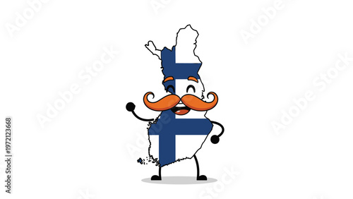 Map of Finland character with the national flag colors and a large orange mustache waving happily for travel and cultural heritage.