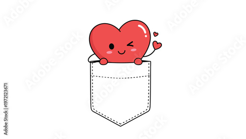 Cute red heart character with a wink and a smile peeps out from a white shirt pocket against a clean white background.