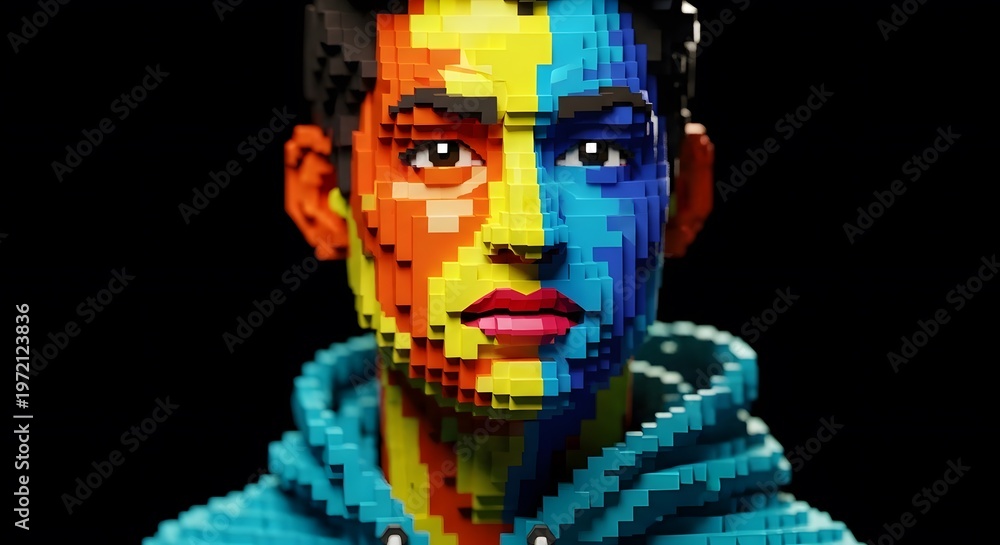 Fototapeta premium Pixelated Lego Style Portrait of a Man with Split Warm and Cool Color Face