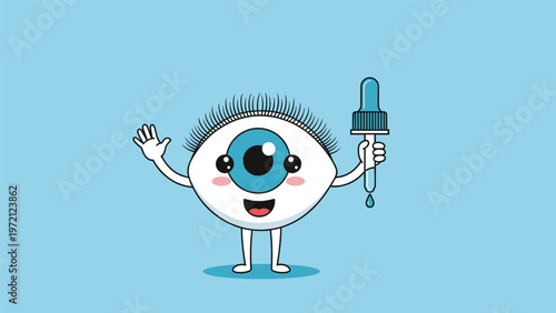 Smiling blue eye character with long eyelashes holds a medical dropper to illustrate healthcare or optometry concepts.